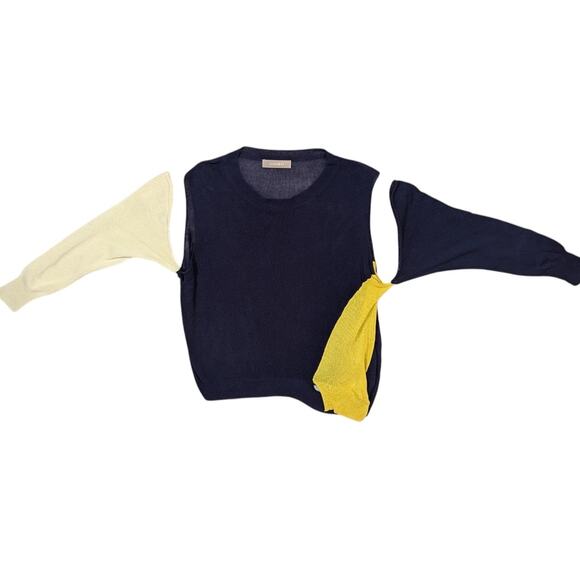 Wool Blend Cutout Color Block Deconstructed Sweater Blue and Yellow Small - Picture 2 of 14
